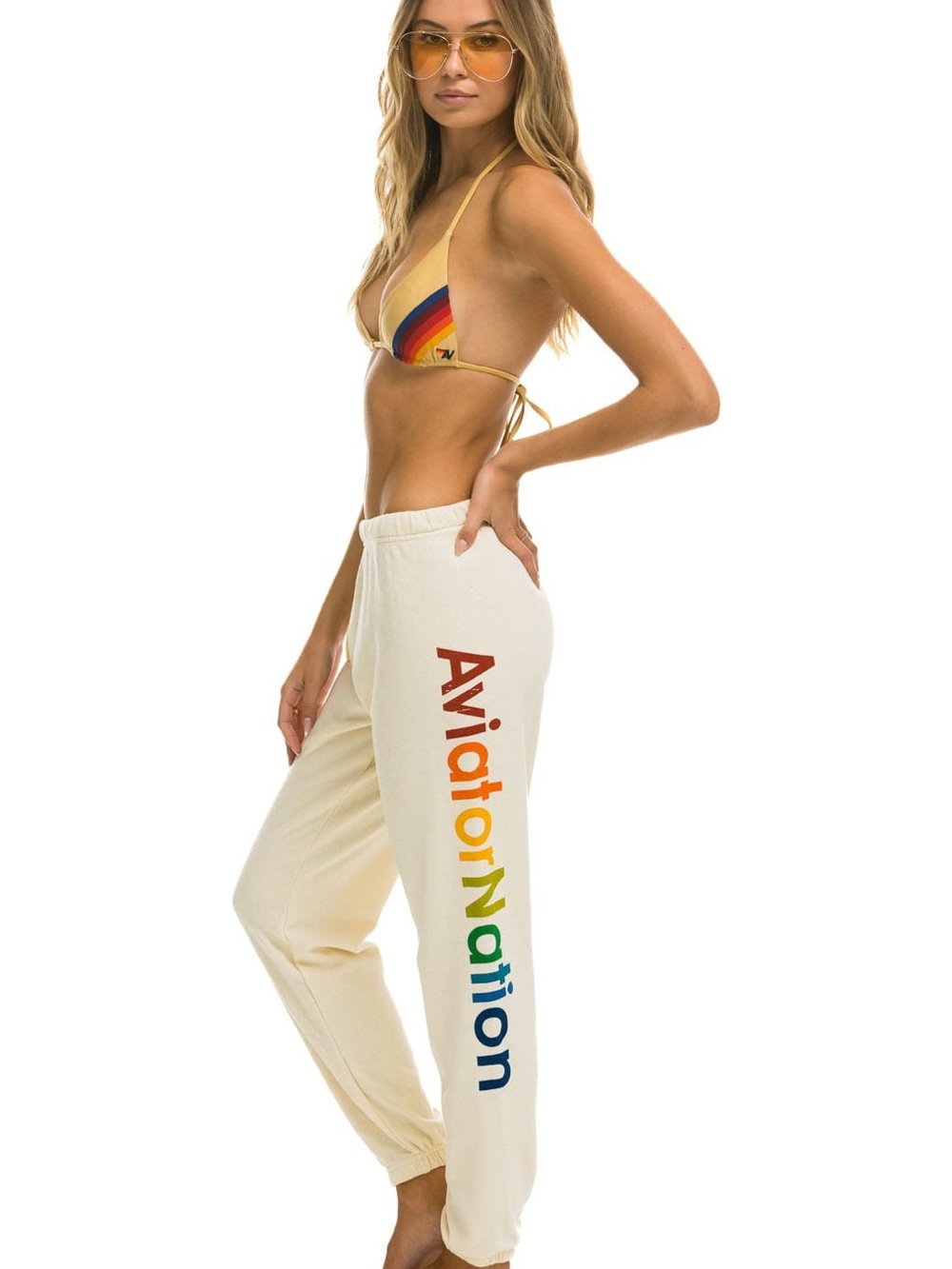 Aviator Nation Cream Joggers with Rainbow Side Logo